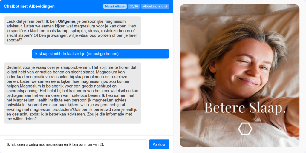 Een screenshot van een chatinteractie en een afbeelding. De chat bespreekt magnesium en slaapproblemen in het Nederlands. De afbeelding toont een persoon die lachend in bed ligt, met de tekst "Betere Slaap" in het Nederlands aan de rechterkant.