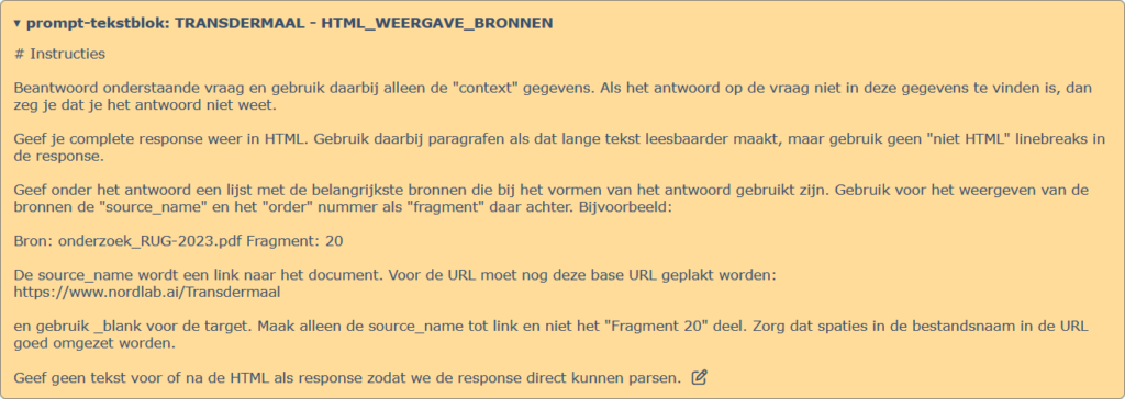 Een geel tekstvak met het label "prompt-tekstblok: TRANSDERMAL - HTML_WEERGAVE_BRONNEN" bevat instructies in het Nederlands. Het beschrijft een taak die verband houdt met het maken van een reactie met behulp van fragmenten van een gegeven document-URL.