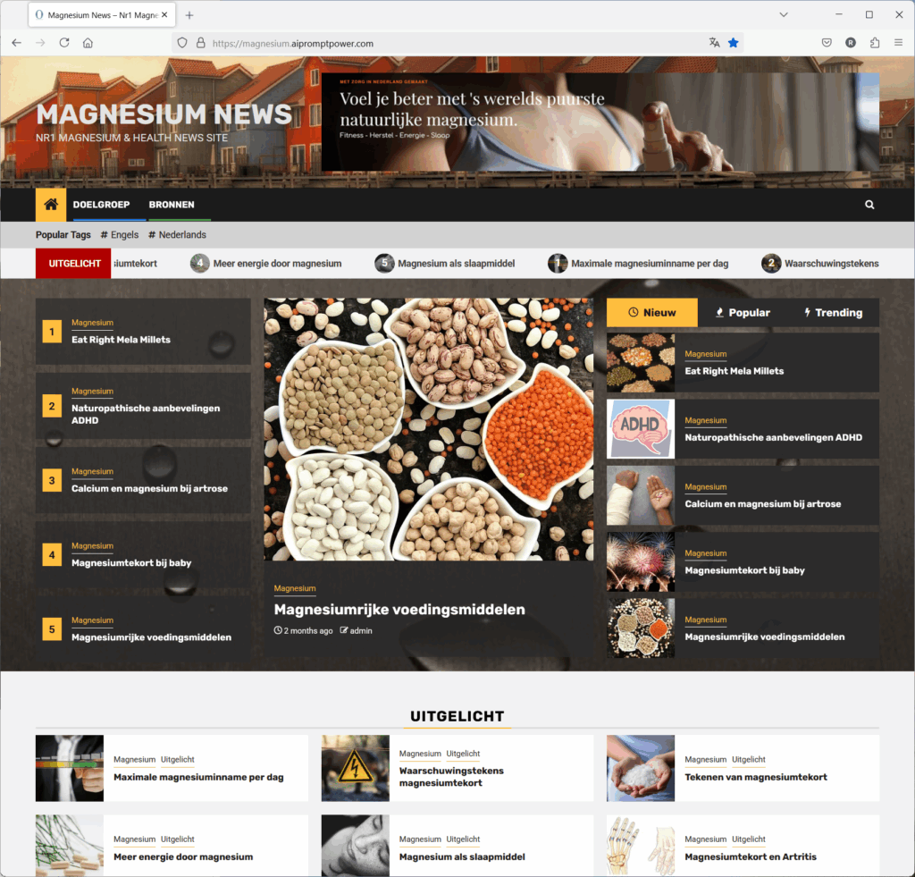 Schermafbeelding van een website met de naam Magnesium News met een menu, uitgelichte artikelen en afbeeldingen van voedingsmiddelen die rijk zijn aan magnesium, zoals bonen en zaden. Deze worden weergegeven in gerechten in het midden bovenaan de pagina.