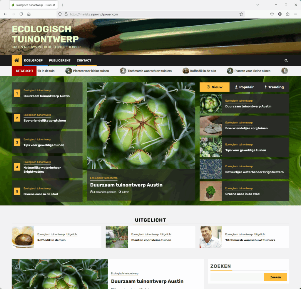 Screenshot van de homepage van een website met de titel 'Ecologisch Tuinontwerp'. De site heeft navigatiemenu's, een hoofdartikel met een close-up van een plant, kleinere artikelvoorbeelden met afbeeldingen en secties voor nieuws, populaire en trending topics.