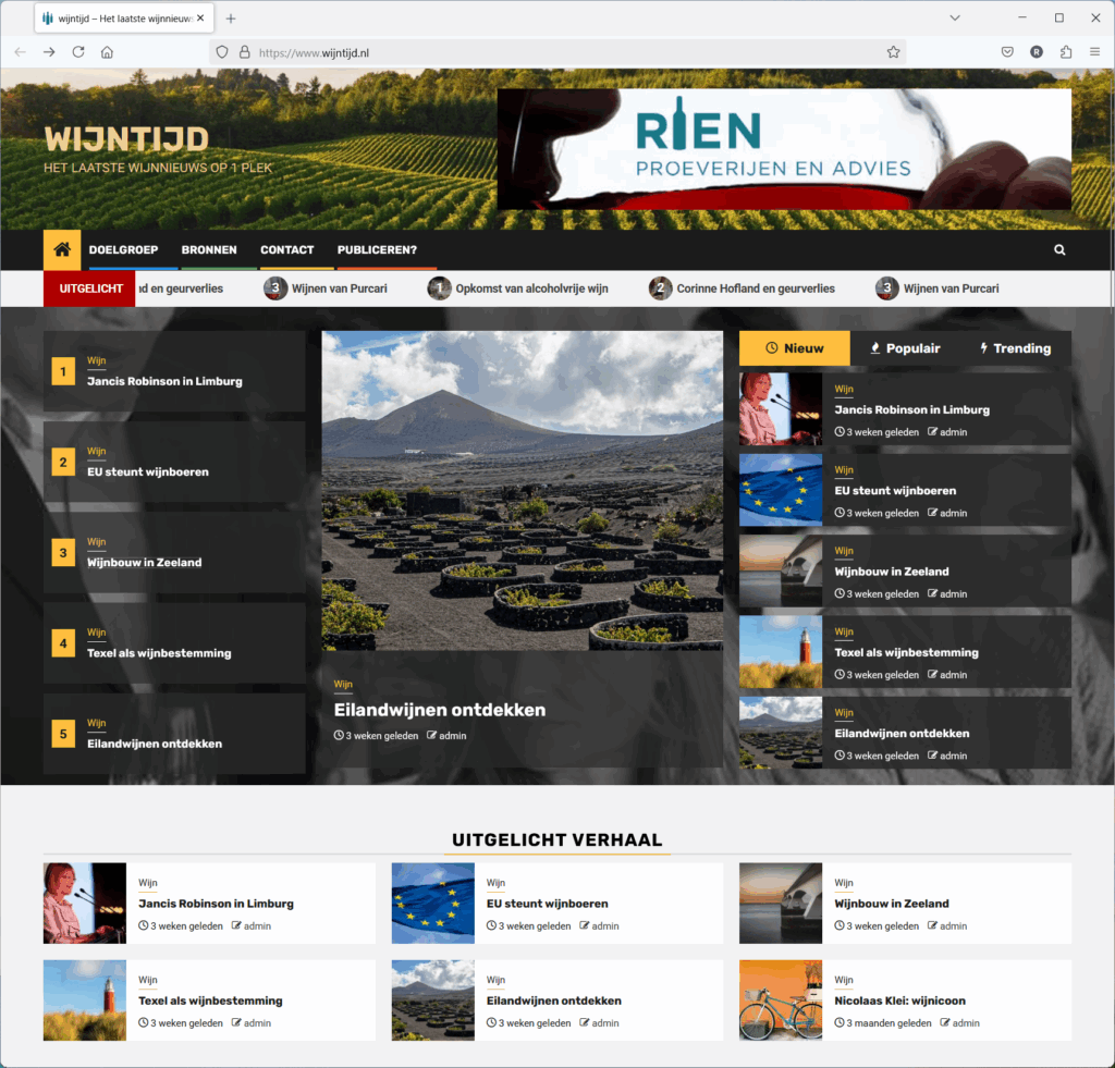 Een screenshot van de homepage van een wijnnieuwswebsite met artikelvoorbeelden, een bannerafbeelding van een wijngaard en navigatiemenu's. De artikelen bevatten onderwerpen over Nederlandse wijnregio's en wijnaanbevelingen.